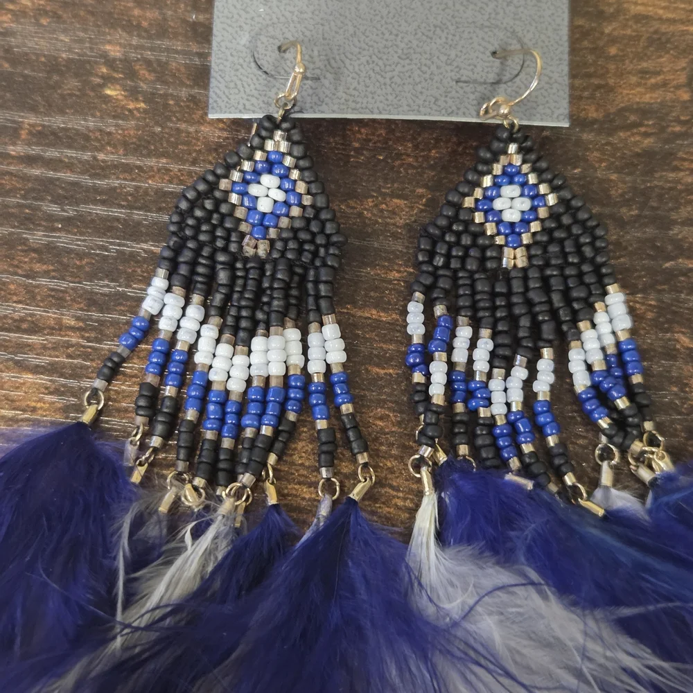 Express Blue Seed Bead Feather Earrings - Picture 3 of 6